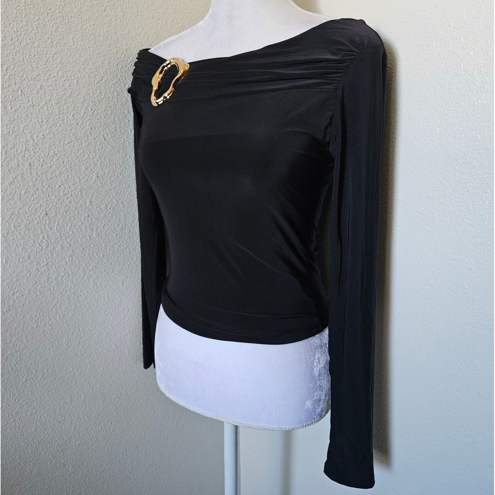 Moa Moa Black Asymmetrical Ruched Long Sleeve Top Gold Hardware